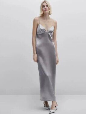 New Massimo Dutti Studio Satin Slip Camisole Grey Maxi Dress NWT